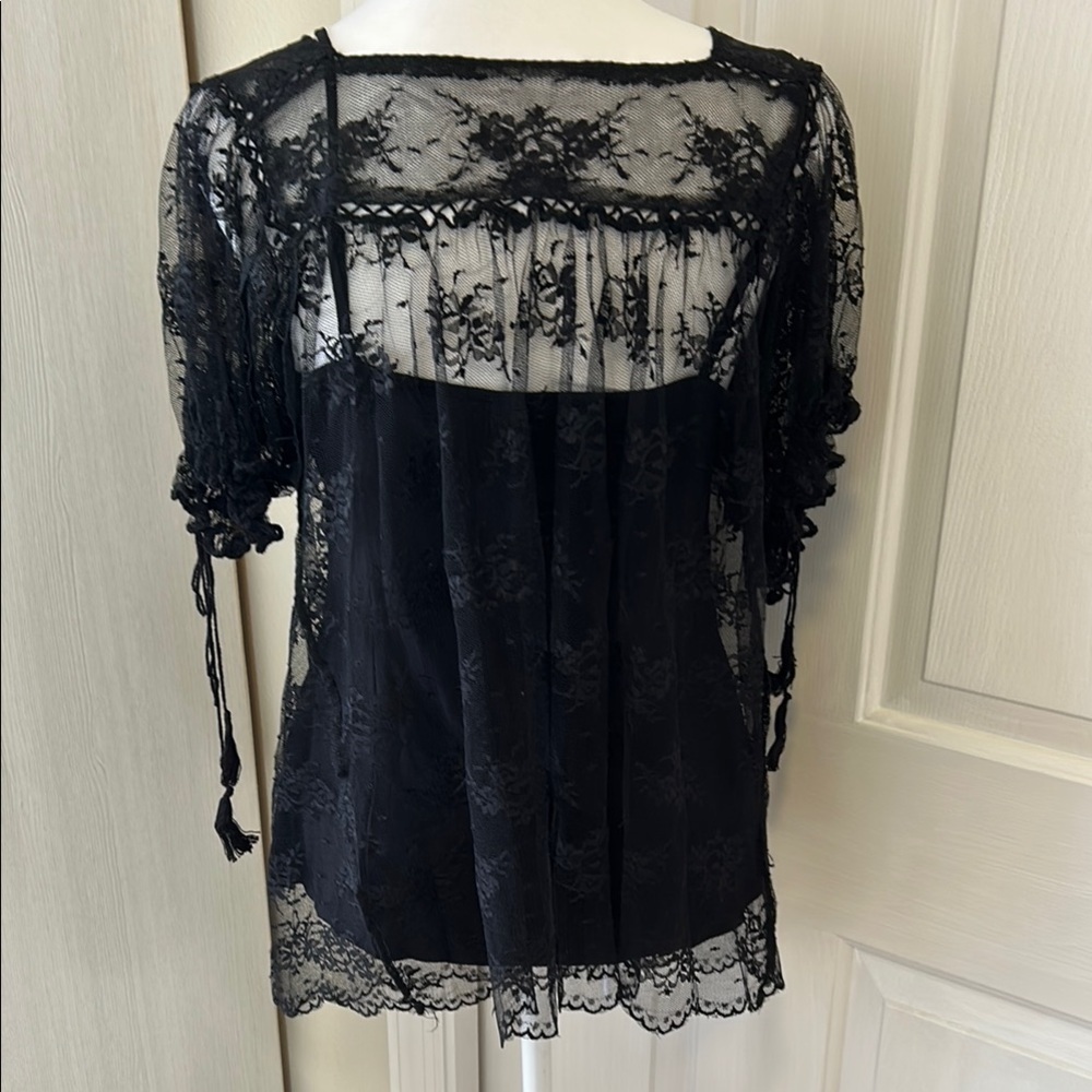 ECI Black Ruffled Sheer Blouse with Liner Sz M